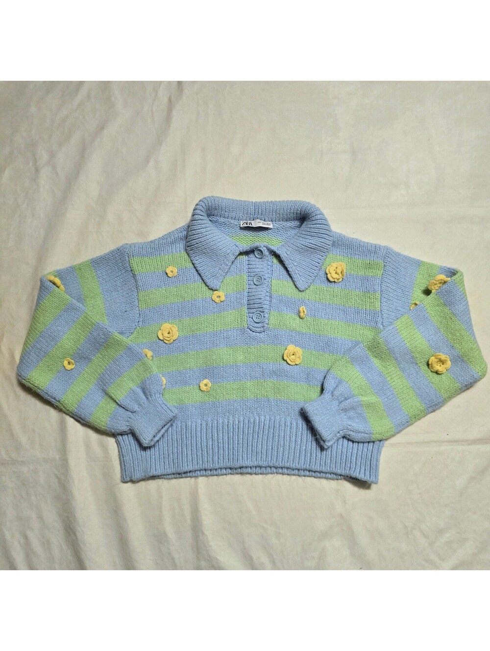 Zara Women's Light Blue and Green Striped Knit Sweater with Yellow Floral Embell